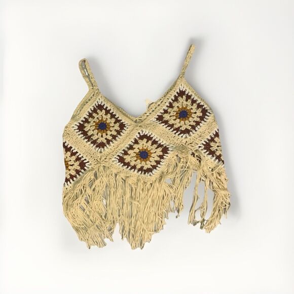 New Boho Crochet Fringe Top Y2K Festival Knit Granny Square Hippie Beach Crop - Picture 3 of 6